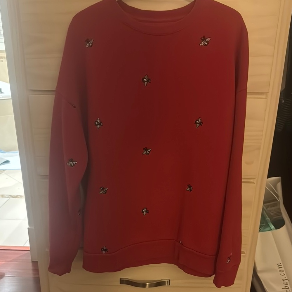 Red Sweatshirt with Embroidered Bees